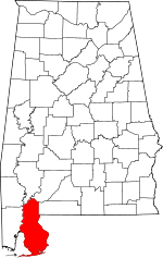 Map of Alabama showing Baldwin County 