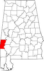 Map of Alabama showing Choctaw County 