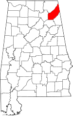 Map of Alabama showing DeKalb County 