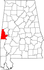 Map of Alabama showing Sumter County 