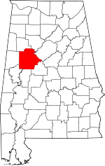 Map of Alabama showing Tuscaloosa County 