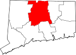 Map of Connecticut showing Hartford County 