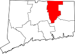 Map of Connecticut showing Tolland County 