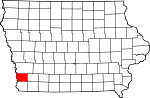 Map of Iowa showing Mills County 