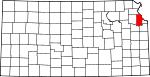 Map of Kansas showing Leavenworth County 