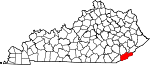 Map of Kentucky showing Harlan County 