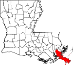 Map of Louisiana showing Plaquemines Parish 