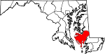 Map of Maryland showing Dorchester County 