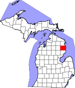 Map of Michigan showing Alcona County 