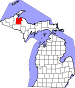 Map of Michigan showing Baraga County 