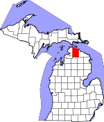 Map of Michigan showing Cheboygan County 