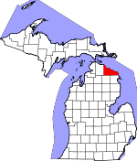 Map of Michigan showing Presque Isle County 