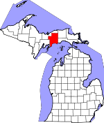 Map of Michigan showing Schoolcraft County 