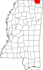 Map of Mississippi showing Alcorn County 