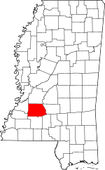 Map of Mississippi showing Copiah County 