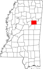 Map of Mississippi showing Oktibbeha County 