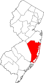 Map of New Jersey showing Ocean County 