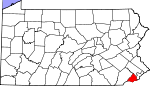 Map of Pennsylvania showing Delaware County 