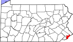 Map of Pennsylvania showing Philadelphia County 