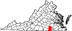 Map of Virginia showing Brunswick County 